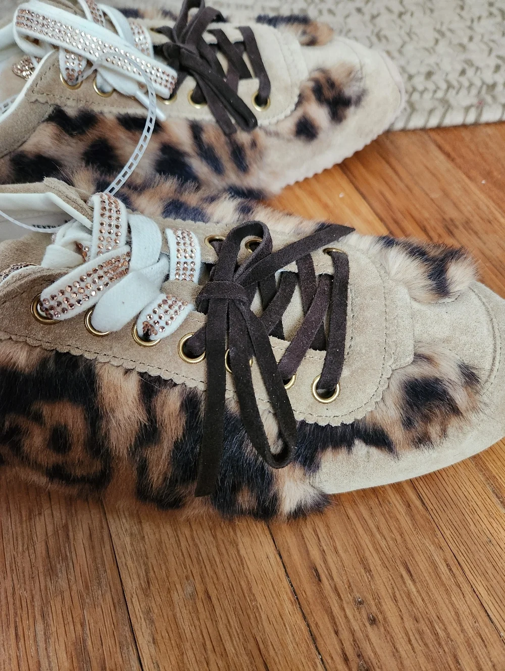 Kurt Geiger Leopard Print Faux Fur Lace-Up Sneakers - Tan